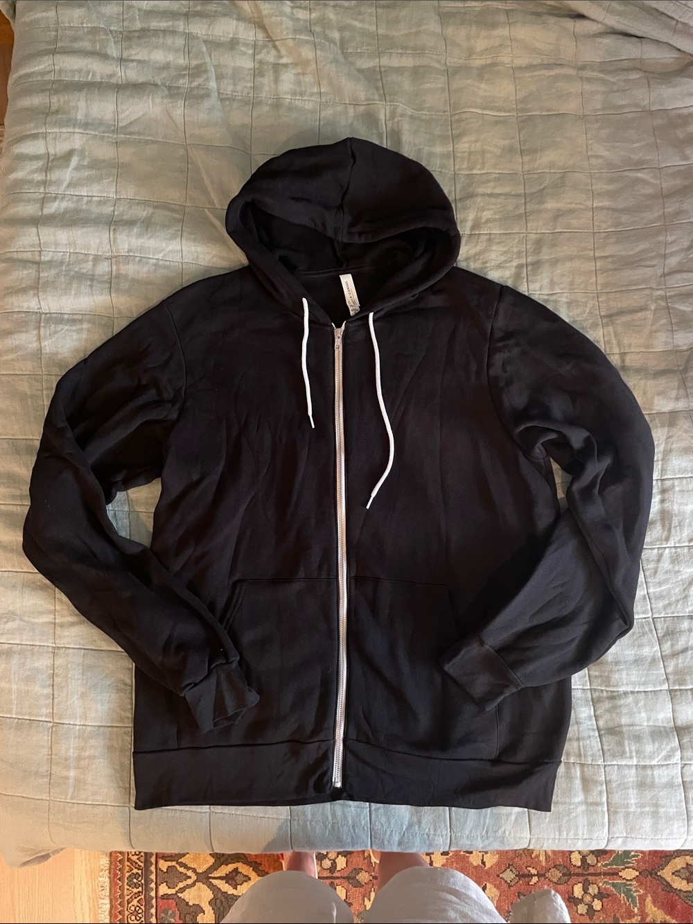 Men’s XL - Black Full-Zip Hooded Sweatshirt with White Drawstrings